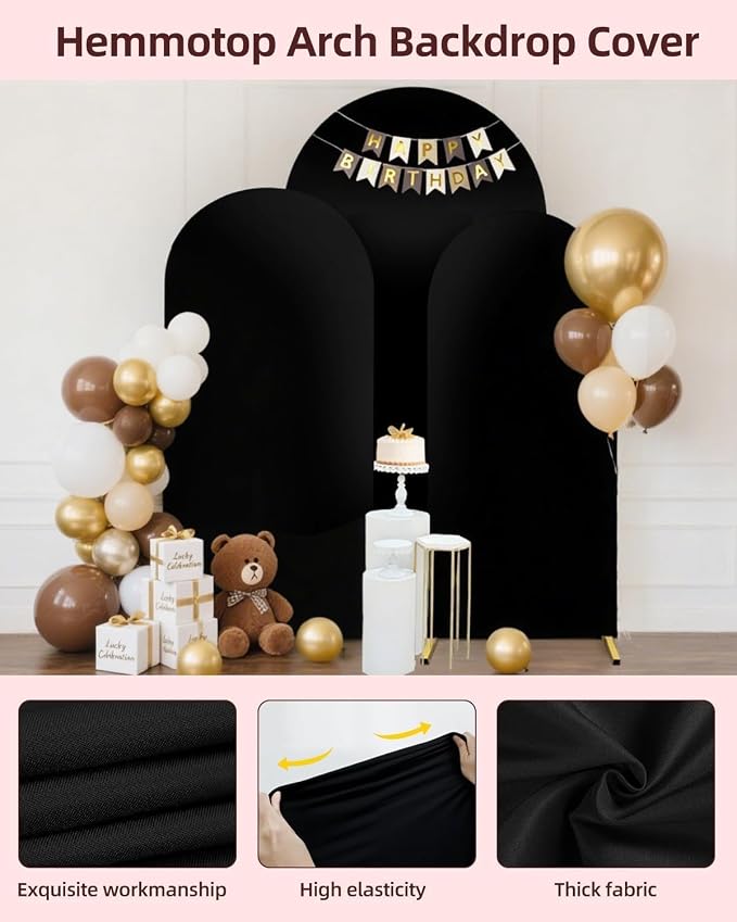 Hemmotop Black Arch Backdrop Cover, Set of 3 (7.2/6.6/6 ft) Wedding Arched Stand Cover, Spandex Arch Covers Stretchy Backdrop for Birthday Party, Baby Shower, Graduation, Decoration, 3 Pieces