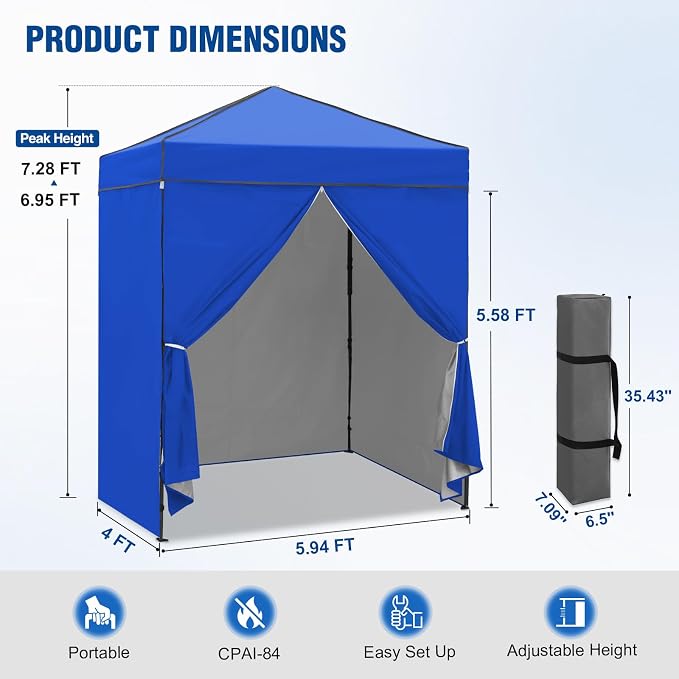 6x4 Pop Up Canopy Tent with Four Wall Panels, Instant Portable Beach Canopy, Outdoor Tent with Carry Bag for Camping, Sports, Tailgating, Events, Blue