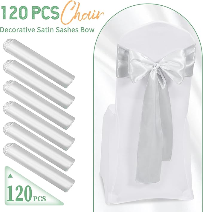 120 PCS Silver Satin Chair Sashes, Ties Bows Designed Chairs Decorative, Chair Cover Sashes for Thanksgiving Wedding Christmas Banquet Party Home Kitchen Decoration (7 x 108 inch)