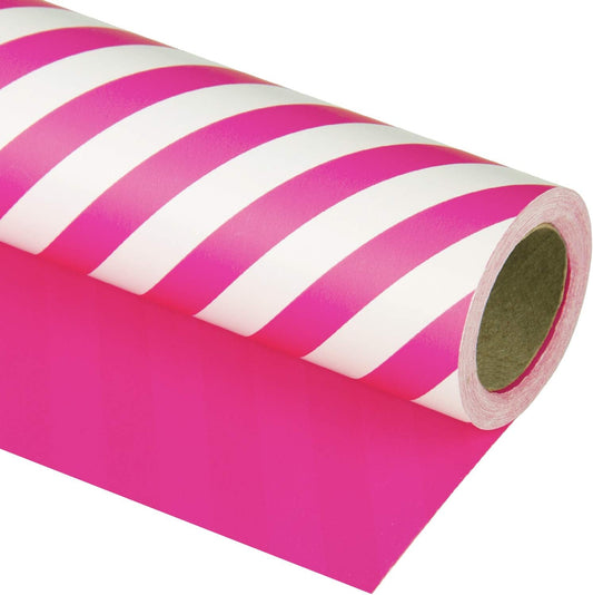 WRAPAHOLIC Reversible Wrapping Paper - Mini Roll - 17 Inch x 33 Feet - Hot Pink and Stripes Design for Birthday, Holiday, Wedding, Baby Shower