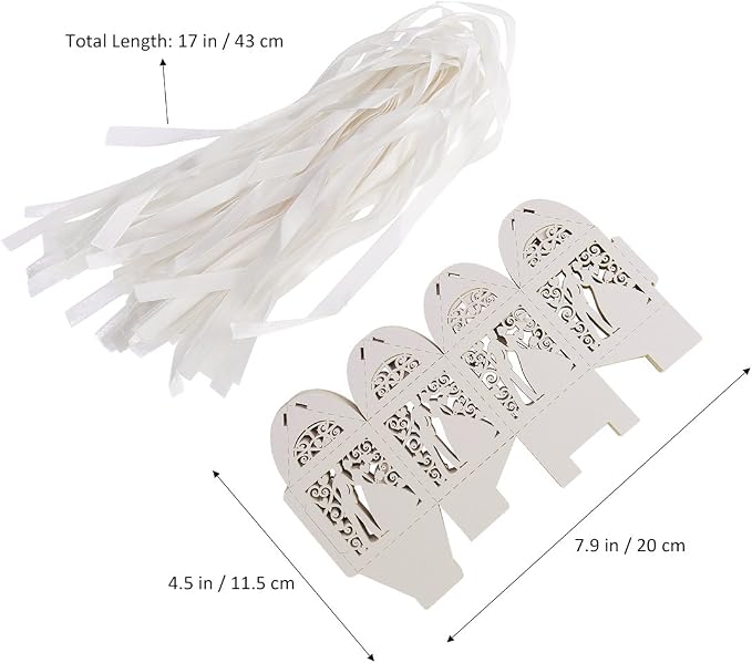Tinksky 100pcs Wedding Candy Boxes Couple Design Luxury Lase Cut Party Wedding Favor Ribbon Candy Boxes Gift Box Table Decorations (White)