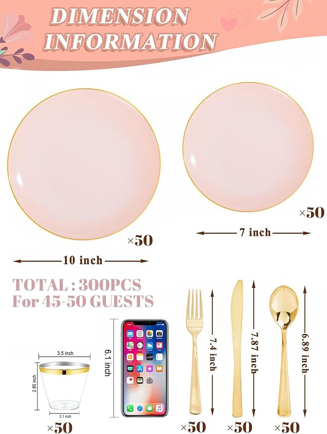 WDF 300Pcs Pink Plates Disposable - Pink and Gold Plastic Dinnerware Set for 50 Guests Include 50 Dinner & Cake Plates & 50 Disposable Cutlery & 50 9oz Cups for Wedding/Baby Shower/Spring/Mother's Day