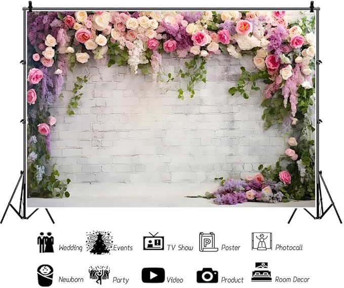 12x6ft Retro White Brick Wall Floral Backdrop Romantic Roses Vine Leaves Photography Background Girls Birthday Party Wedding Bridal Shower Flowers Brick Wall Decoration Supplies Photo Booth Props