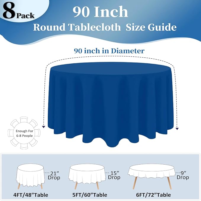 8 Pack Royal Blue Round Tablecloth 90 Inch Round Table Cloth, Wrinkle Resistant and Washable Tablecloth Polyester Fabric Table Cloth Round Cover for Dining Wedding Banquet Party