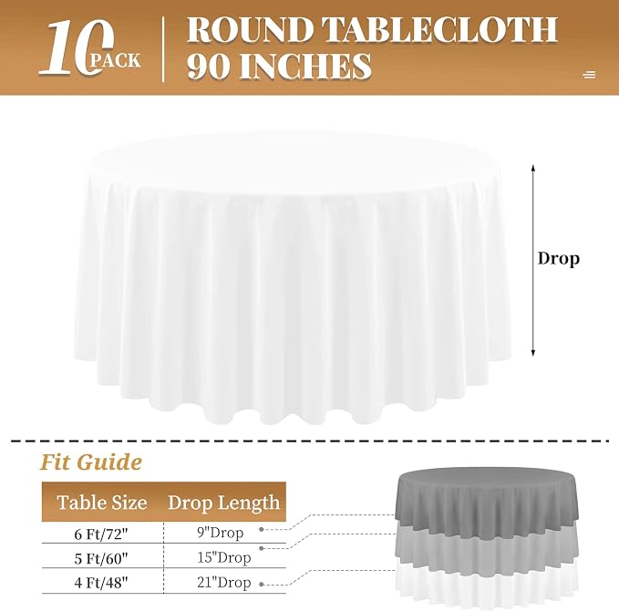 10 Pack Round Tablecloth White Round Tablecloth 90 Inch Table Cloths Washable Polyester Fabric Bulk Linen Tablecloths Table Cover for Parties Wedding Banquet Buffet Dinning