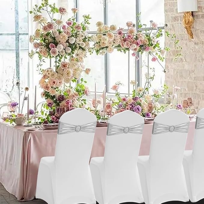 100 PCS Spandex Chair Sashes Bows Premium Stretch Chair Cover Band with Buckle Slider Universal Elastic Chair Ties for Wedding Party Ceremony Events Reception Banquet Decoration (Metallic Silver)
