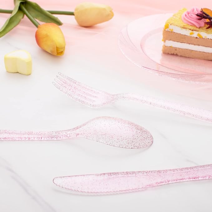 WDF 360 Pink Glitter Plastic Silverware - Disposable Glitter Cutlery - Plastic Silverware inluding 120 Forks, 120 Spoons, 120 Knives for Pink Birthday,Baby Shower