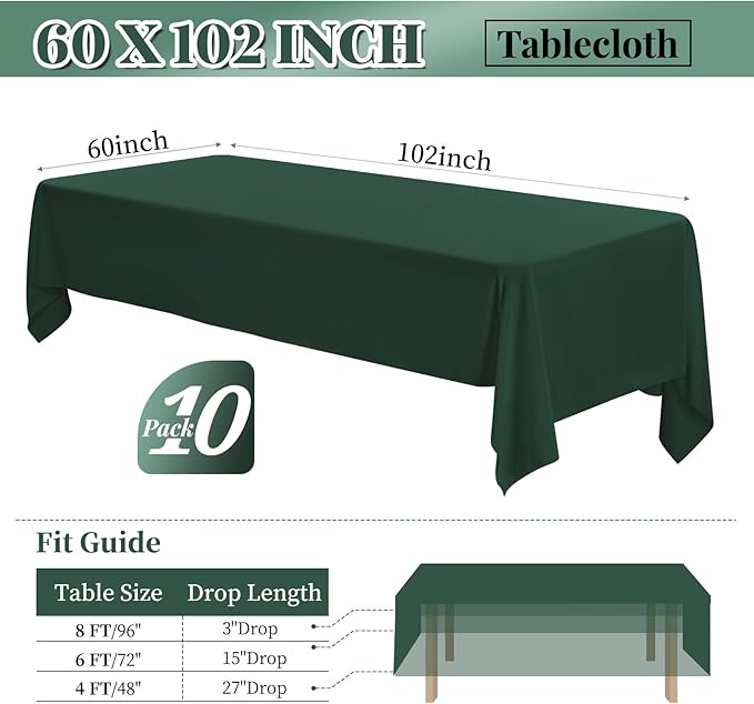10 Pack 60 x 102 Inch Tablecloth, Hunter Green Tablecloth for 6 Feet Rectangle Tables, Stain and Wrinkle Resistant Washable Fabric Table Cloth for Wedding Party Dining Table Buffet Parties Camping