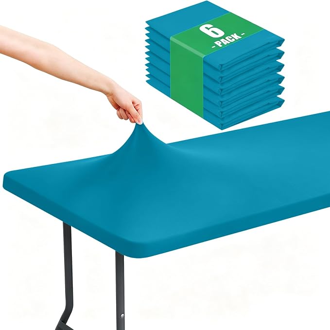 Moosfor Spandex 8 Foot Rectangle Table Cloth 6 Pack, Elastic Fitted Tablecloths for Picnic, Stretch Washable Patio Table Cover for Outdoor, Camping, Banquet and Parties (Teal, 30"x96")