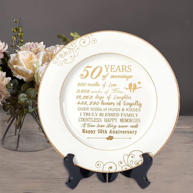 Urllinz 50th Anniversary Plate with 24k Gold Foil - 50 Year Anniversary Wedding Gifts for Couples Parents, Happy Marriage Decorations for Him Her, Ceramic 9"