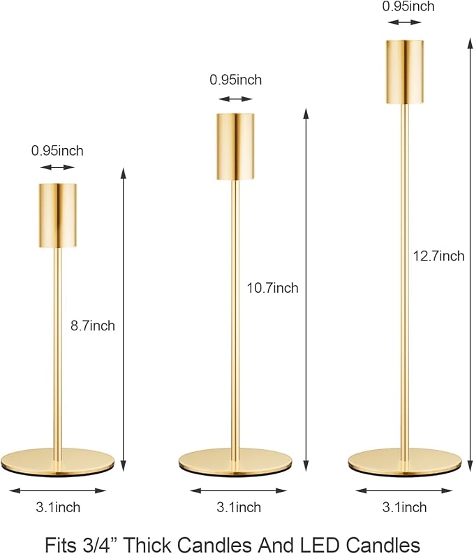 zeochyni French Gold Candlestick Holders Set of 3, Decor Taper Candle Holder for Wedding, Dinning, Party,Fits 3/4 Inch Thick Candle