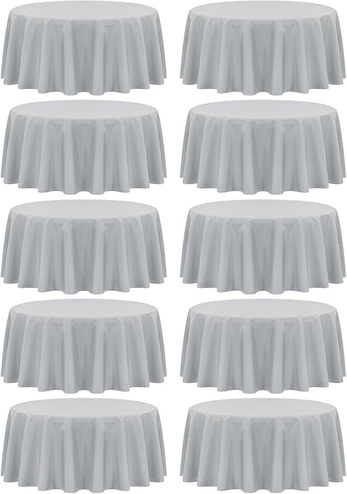 fani 10 Pack 90 Inch Round Tablecloth, Light Grey Polyester Fabric Table Cloth for Round Table, Stain and Wrinkle Resistant Washable Table Cover for Wedding Party Dining Table Buffet and Camping