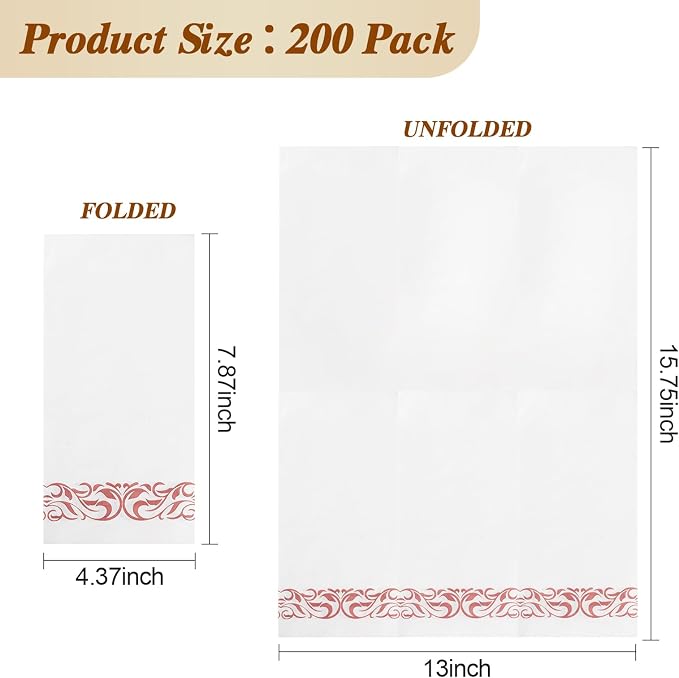 BESTVIP 200 Pack Disposable Paper Napkins,3-Ply Dinner Napkins with Rose Gold Trim for Guests, Bathroom Paper Hand Towels Soft and Absorbent, Perfect for Kitchen, Dinner, Party, Wedding or Event