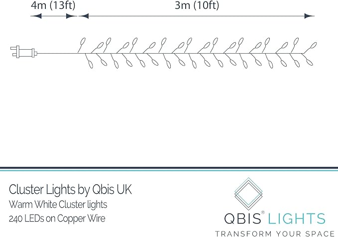 QBIS 240 LED Christmas Cluster Lights, 10ft Warm White Fairy Lights on Copper Wire, Plug in, Christmas Tree Lighting, Firecracker Light String Indoor Outdoor use, Window, Fireplace, Stair Decoration