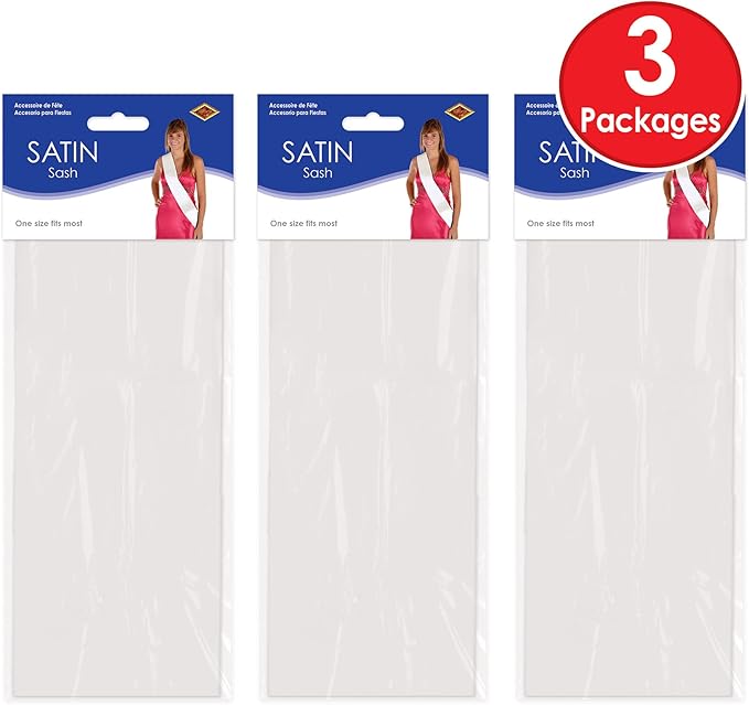Beistle White Satin Sashes, 3-Count Customizable Fabric Wearable for Birthdays, Bachelorette Parties, Costumes, Events & Celebrations, Blank Design for DIY Personalization, 33" x 4"