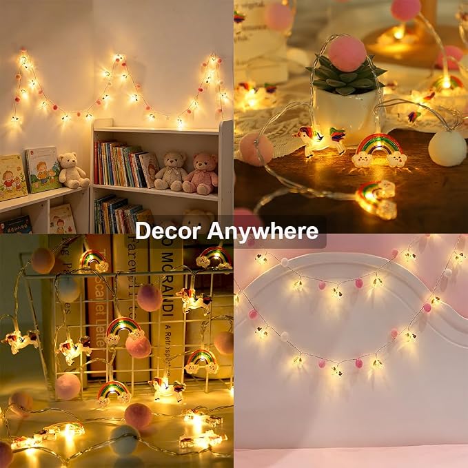 9.85 Feet Pom Pom Unicorn Rainbow String Lights, Auto Timer & 8 Flash Modes, 20 LED Battery Operated Fairy Lights for Kids Bedroom Play Tent Girls Birthday Baby Shower Holiday Christmas Decoration