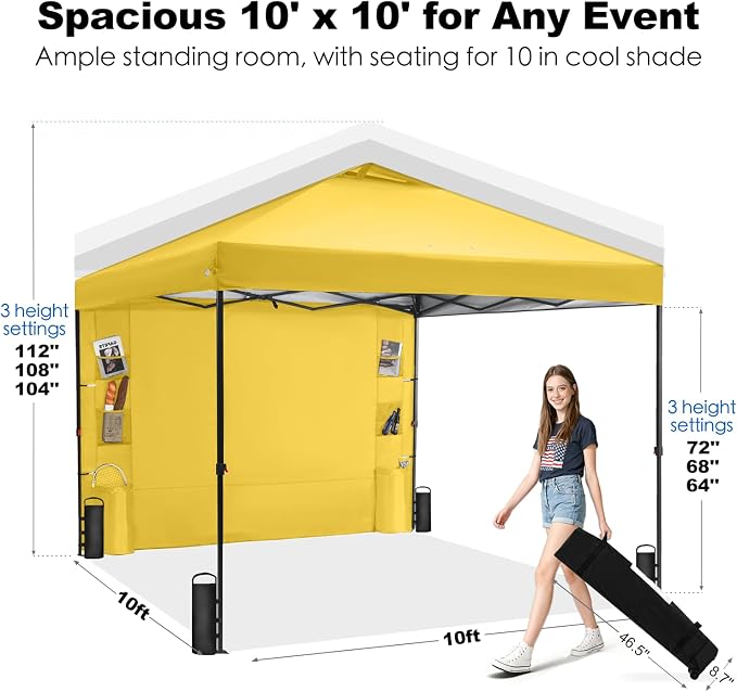 GAFETE 10×10 Pop Up Canopy Tent with 1 Pockets Sidewall, Easy up Sun Shade with One Push Setup, Portable Instant Outdoor Canopy Tent for Events Parties Camping with Carrying Bag (Yellow, 10x10 FT)