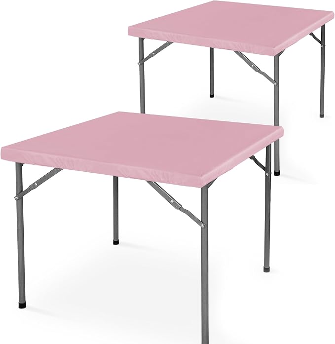 LUSHVIDA 2 Packs Vinyl Card Tablecloth with Flannel Backing 34x34 inch - Waterproof Plastic Picnic Table Cover for Square Folding Table Cloth with Elastic Corners, Pink
