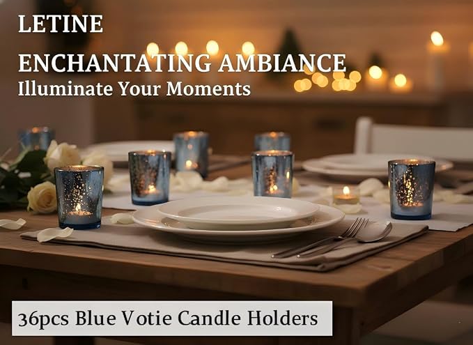 LETINE Blue Votive Candle Holders Set of 36 -Mercury Glass Candle Holders for Wedding & Baby Shower Decor - Ideal for Bridal Shower & Centerpieces for Tables