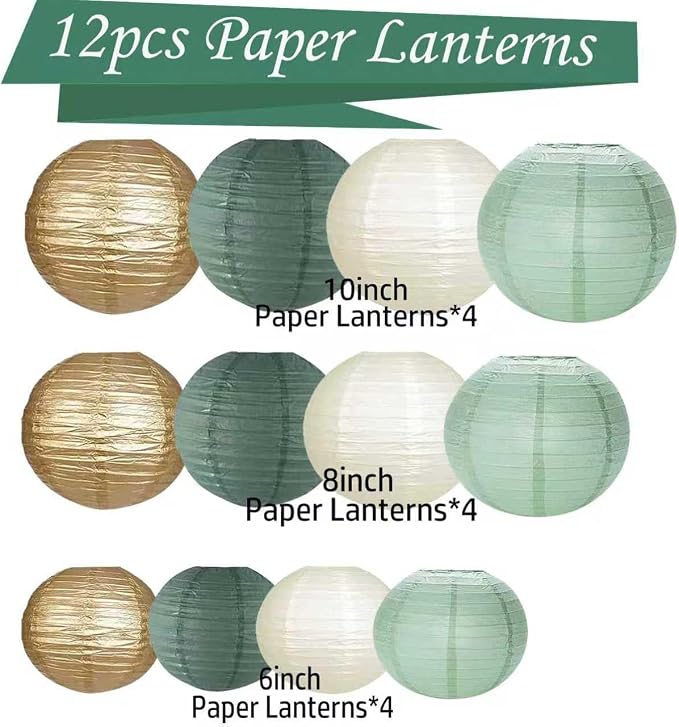 Green White Gold Paper Lanterns, 12Pcs Chiese Lanterns for Birthday Baby Shower Gender Reveal Wedding Party Decoration