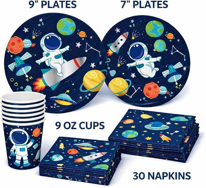 Serves 30 Complete Party Pack Outer Space Party Theme 9" Dinner Plates 7" Plates 30 Cups 2 Table Cover 30 Napkins 30 Beverage Napkins Blast off Birthday Banner 14 Swirls 12 Photo Props Space Birthday