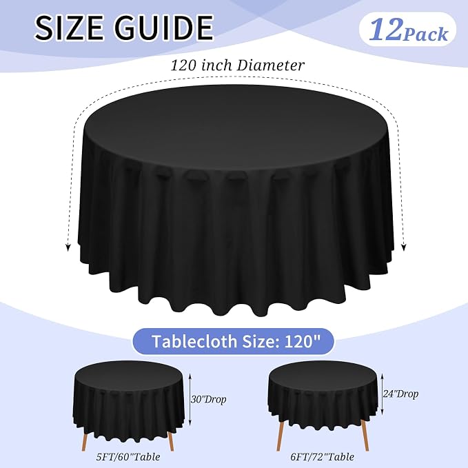 12 Pack Black Tablecloth 120 Inch Round Table Cover | Wrinkle Resistant, Machine Washable Reusable, Wedding, Banquet, Restaurant, Party, Baby Shower,Indoor Outdoor Events