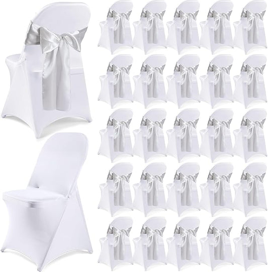 Lounsweer 50 Pcs Folding Chair Cover Set with 25 Stretch Spandex Slipcovers 25 Satin Chair Sashes Bows Ribbon Washable Banquet Protector for Wedding Event Party(White, Silver)