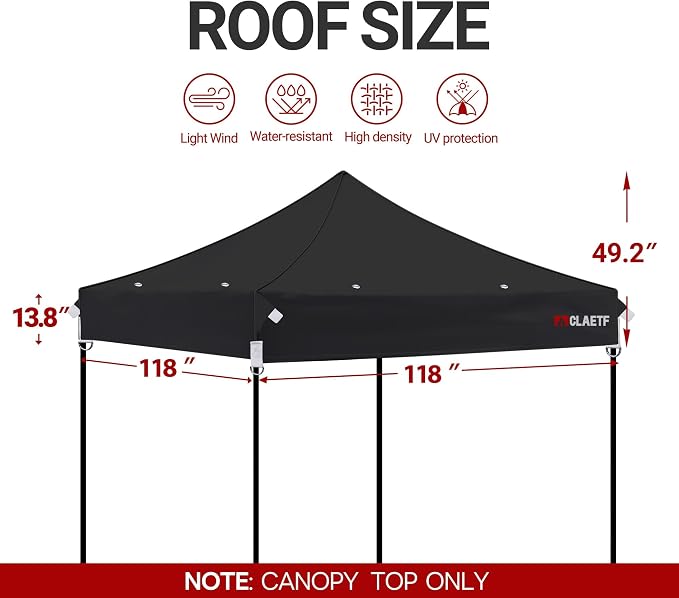 10x10ft Replacement Canopy Top - Heavy-Duty 500D 2500mm Waterproof & UPF 50+ UV Tent Cover with 8 Drainage Holes, Reinforced Straps for Camping, Trade Shows (Frame Not Included - Black)