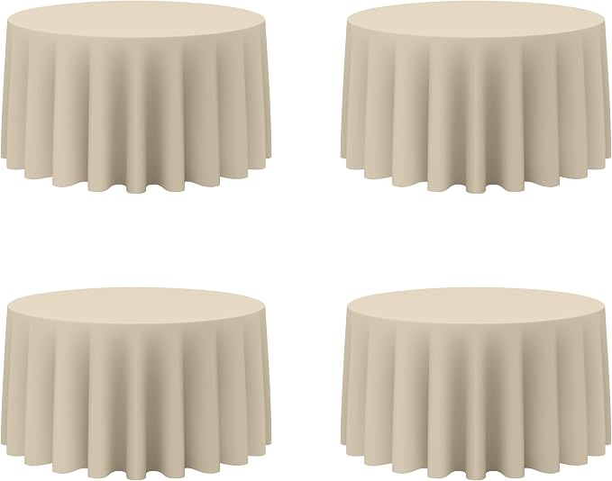 BRILLMAX 4 Pack Beige Round Tablecloths 120 Inch for 60” Tables - 150 GSM Polyester Fabric, Floor Length Drop, Water, Stain & Wrinkle Resistant Cloth Cover for Wedding Reception Banquet Dining