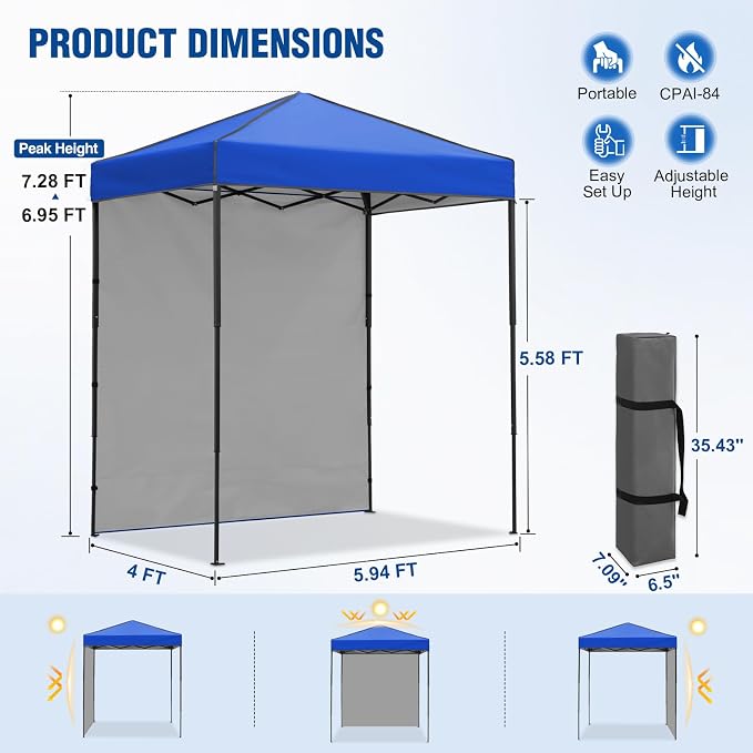 6x4 Pop Up Canopy Tent with One Wall Panel, Instant Portable Beach Canopy, Outdoor Tent with Carry Bag for Camping, Sports, Tailgating, Events, Blue