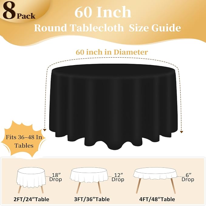 8 Pack Black Round Tablecloth 60 Inch Round Table Cloth Fits 20-48 Inch Tables, Wrinkle Resistant and Washable Polyester Fabric Table Cloth Round Table Cover for Dining Wedding Banquet Party