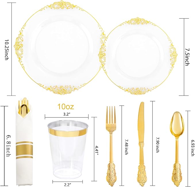 Hioasis 210pcs White and Gold Plates - White Party Plates for 30 Guest, Include 60 Heavy-duty Plates(20% Thicker Than Standard), 30 Pre Rolled Gold Plastic Silverware Set, 30 Cups