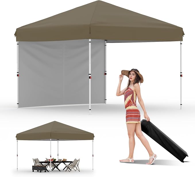 GarveeLife 10x10 Pop Up Canopy with One Sidewalls - Easy Up Camping Tent with One Button Push Setup - 1 Roller Bag, 3 Adjustable Height, 4 Weight Bags for Deck, Garden, Sports, Beach, Party - Brown