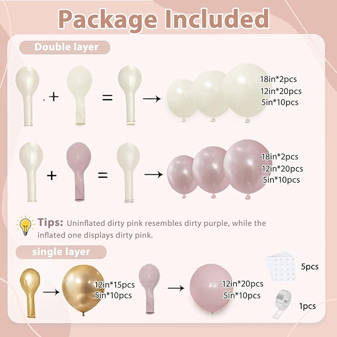 Pink Gold White Balloons Arch Kit - 119 pcs Double Stuffed Dusty Pastel Light Pink Champagne Gold Pearl White Sand Balloons for Birthday Bridal Shower Wedding Party Decorations