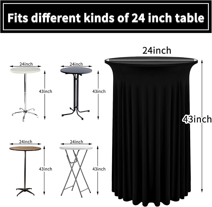 6 Packs Round Cocktail Table Skirt 24"x 43" Spandex Stretch Cocktail Tablecloth with Wavy Drapes, Black Spandex Fitted High Top Covers for Wedding Bar Party Birthday Banquet Table