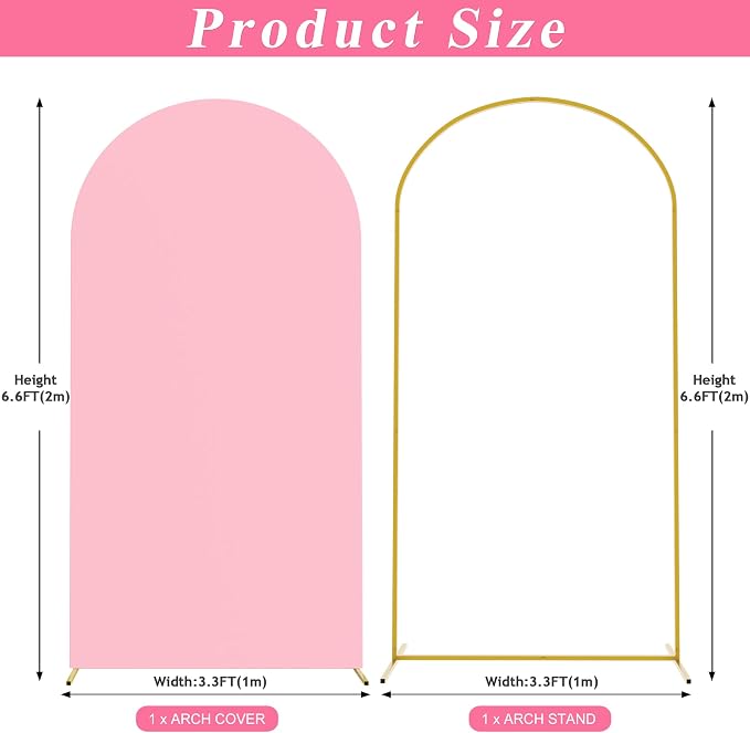 Putros Arch Backdrop Stand and Cover Set, 6.6ft, Gold Arch Stand with Pink Cover, Metal Arched Background Frame for Wedding, Birthday Party, Baby Shower, Photography Decoration