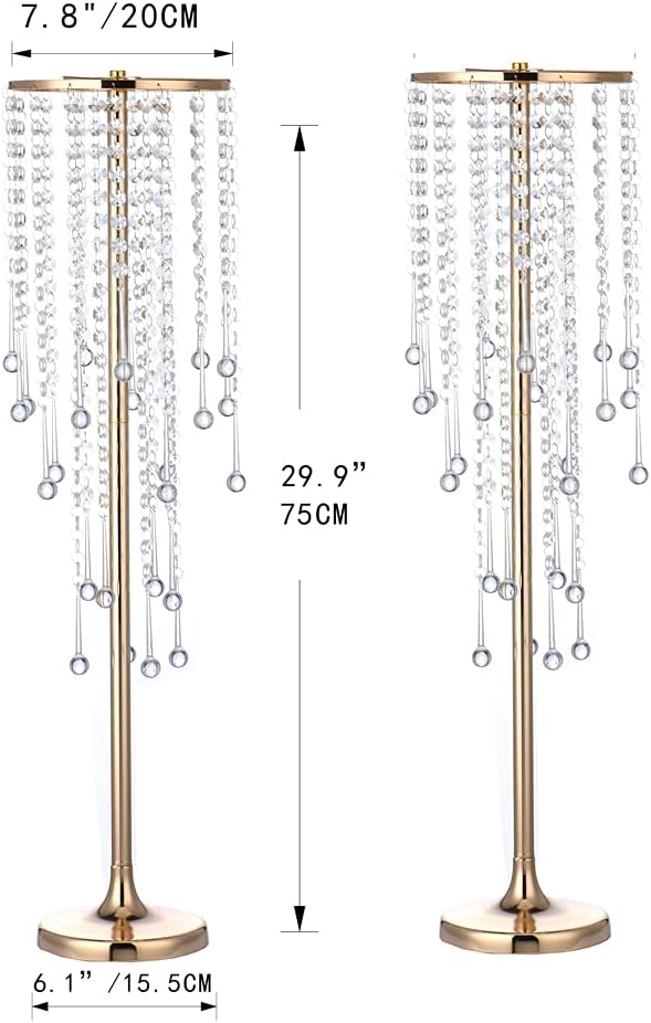 2Pcs 29.5 inches Gold Flower Vases with Chandelier Crystal Wedding Centerpieces for Tables, Gold Metal Flower Stand Arrangement, Bulk Metal Centerpieces Vases for Party Reception Ceremony Decoration
