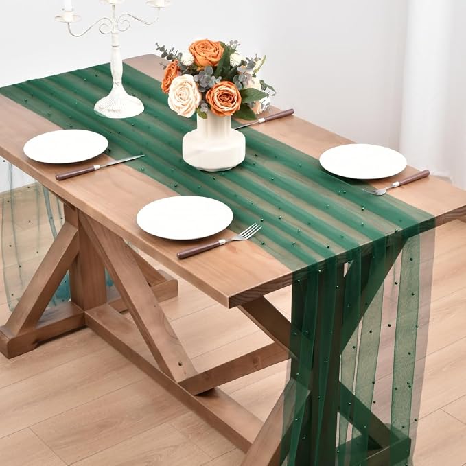 Dark Green Pearl Table Runner Boho Rustic Tulle Lace Dining Baby Shower Wedding Arch Decor Veil Dessert Holiday Centerpiece Table Decor