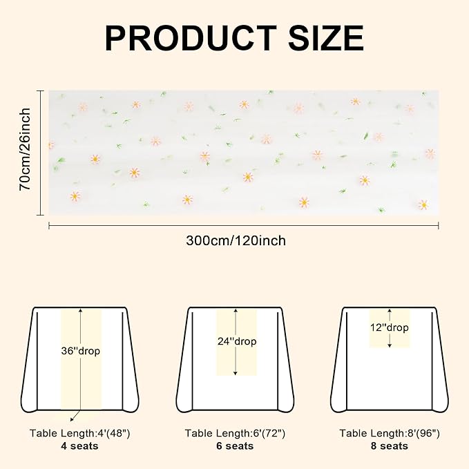 FEXIA Spring Table Runner 10FT Elegant Garden Tea Party Decor Pastel Embroidered Sheer Mesh Floral Gauze Summer Wedding & Easter Party Bridal Shower Living Room Styling Valentine Home Decor