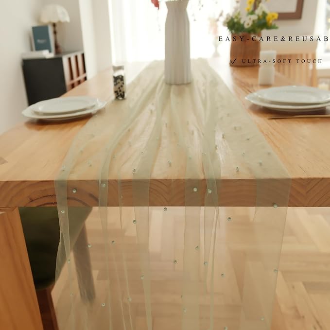 Set of 6 Pearl Table Runner,29*120 GreenTable Cloth Sheer Tulle Table Cover,Pearl Table Runner for Wedding Party Baby Shower Birthday Home Decor