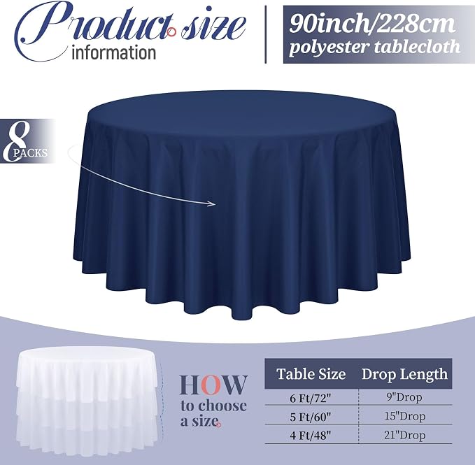 Pesonlook 8 Pack 90 Inch Navy Blue Round Table Cloths, Premium Polyester Round Tablecloth Wrinkle Resistant Washable Table Cover for Wedding, Party, Dining,Banquet,Buffet