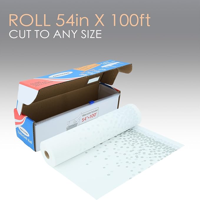 Plastic Tablecloth Roll – 54" x 100' Plastic Tablecloths for Parties Disposable with Cutter Box - Cut to Size Disposable Tablecloth for Rectangle & Round (Silver Dots-White)