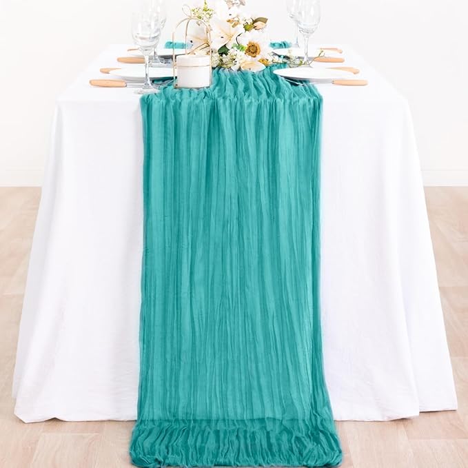 MLMC Teal Table Runner 10ft Rustic Spring Cheesecloth Table Runner Gauze Cheese Cloth Centerpiece Decororations 35x120 Inches for Easter Wedding Baby Shower Outdoor Picninc Decor