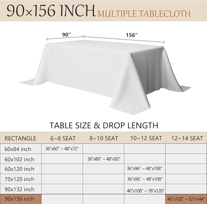 90x156 Table Cloth - 6 Pack Rectangular White Washable Stain and Wrinkle Resistant Polyester Table Cover for Dining Tables, Various Parties and Camping (White)