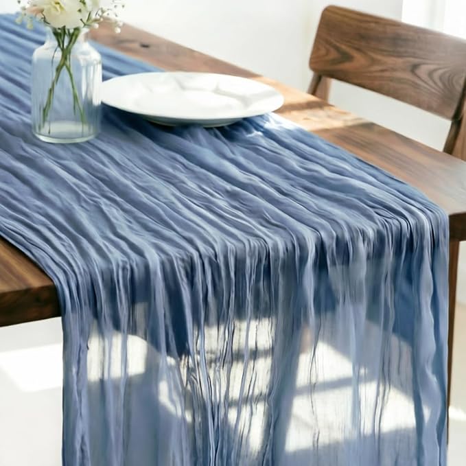 LINXTAR Dusty Blue Cheesecloth Table Runner 160 Inches 14Ft Gauze Summer Boho Table Runner for Wedding Tea Party Baby Shower Bridal Birthday Home Decoration