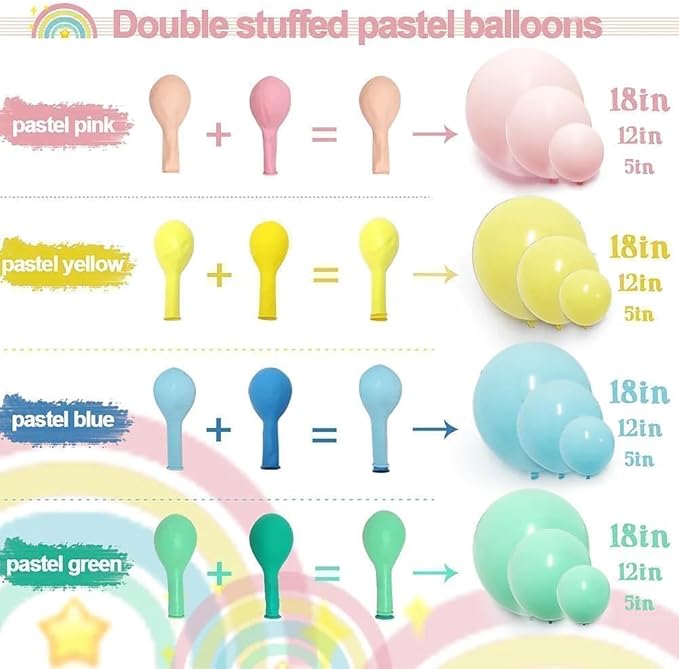 Pastel Balloon Arch Double Stuffed Pink Yellow Blue Green Balloons Different Size for Colorful Spring Princess Unicorn Easter Happy Birthday Baby Shower Party Decorations