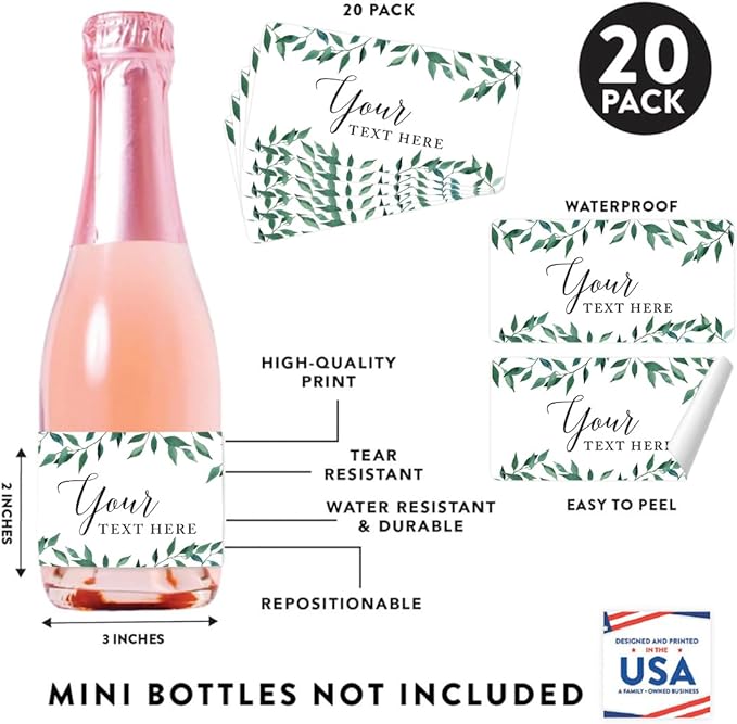 Andaz Press Personalized Wedding Mini Wine Labels for Bottles, Fully, Your Text Here, Greenery Green Leaves 20-Pack Bulk Waterproof Mini Wine Bottle Labels for Champagne Bottle Custom Wedding Favors