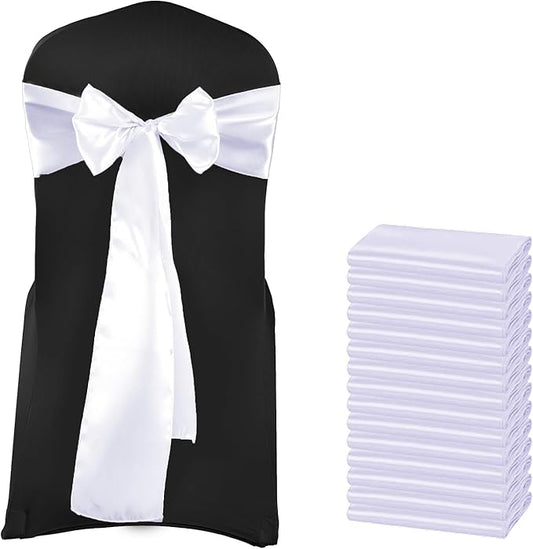 MDS Satin Chair Sashes, 25 Pack, 7”x108” Each, Decorative Chair Bows Ribbon Tie Backs for Wedding Party, Holiday Dinner, Birthday, Reception, Banquet, Hotel & Event Decoration - White