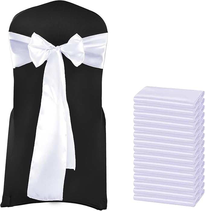 MDS Satin Chair Sashes, 200 Pack, 7”x108” Each, Decorative Chair Bows Ribbon Tie Backs for Wedding Party, Holiday Dinner, Birthday, Reception, Banquet, Hotel & Event Decoration - White