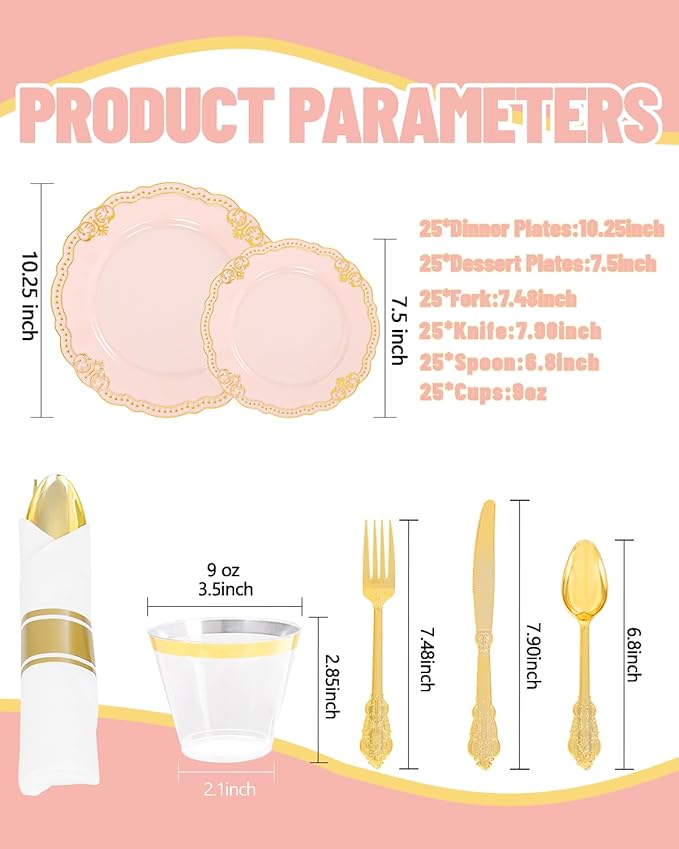 Ciaell 350 PCS Pink Plastic Plates - Pink and Gold Disposable Plates Include 50 Disposable Plate, 150 Heavy Duty Silverware, 50 Cups, 50 Napkins for Wedding & Party & Anniversary & Mother's Day